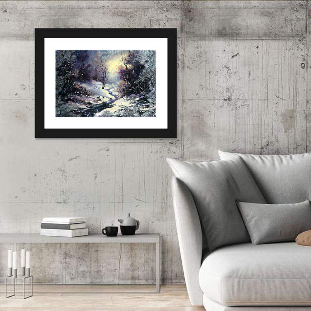 Sunlit Frozen Stream in Winter Forest Wall Art