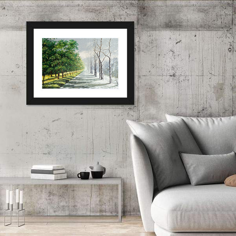 Summer to Winter Forest Path Wall Art in a room, landscape
