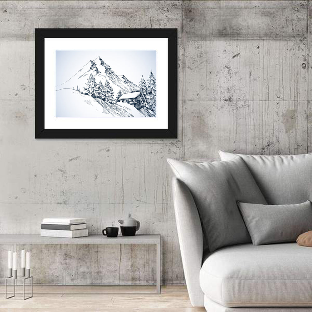 Snowy Mountain Cabin Sketch Wall Art