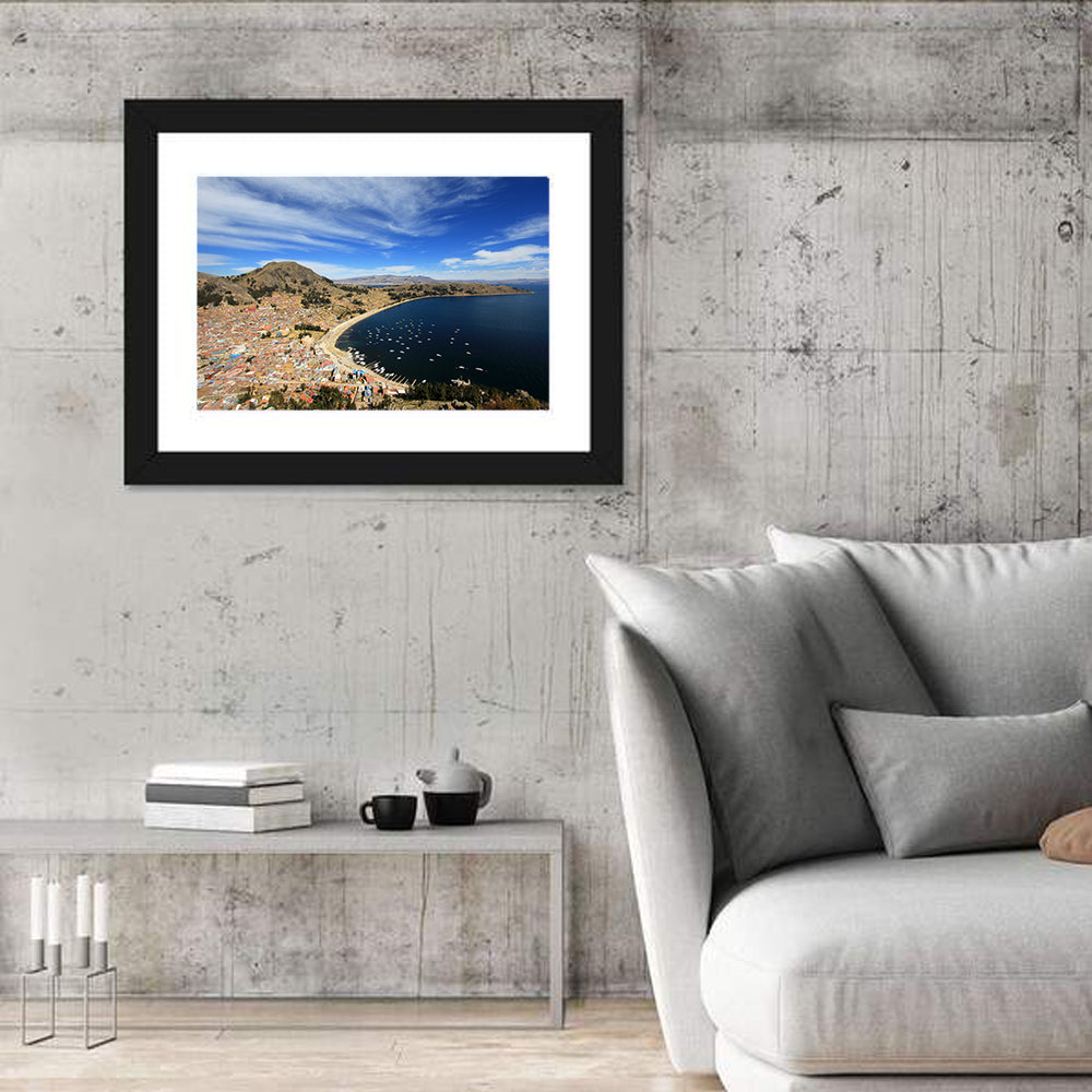 Copacabana Aerial Over Lake Titicaca Wall Art in a room, landscape