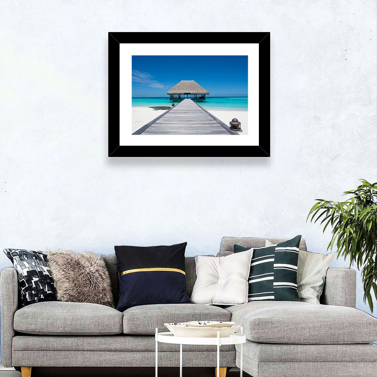 Maldives Turquoise Pier Wall Art in a room, landscape