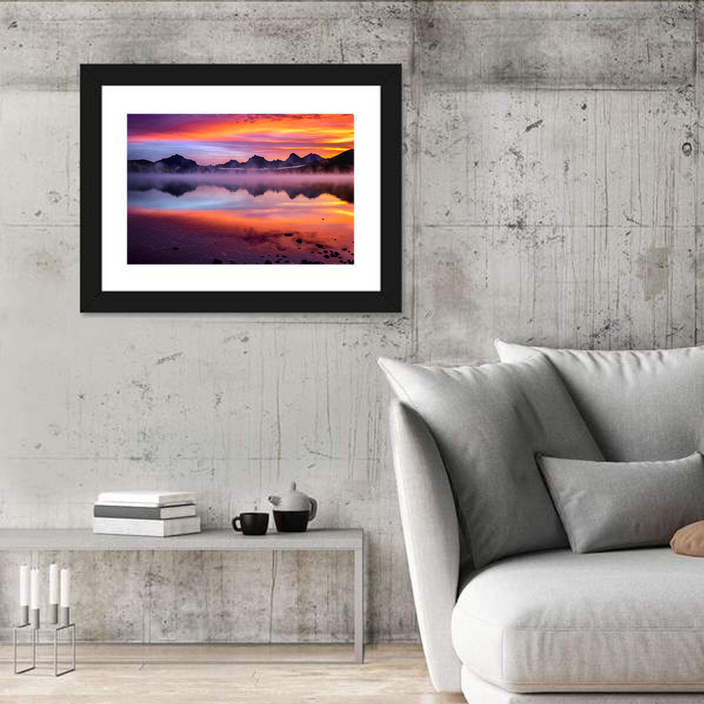 Lake Mcdonald Misty Sunset Wall Art in a room, landscape