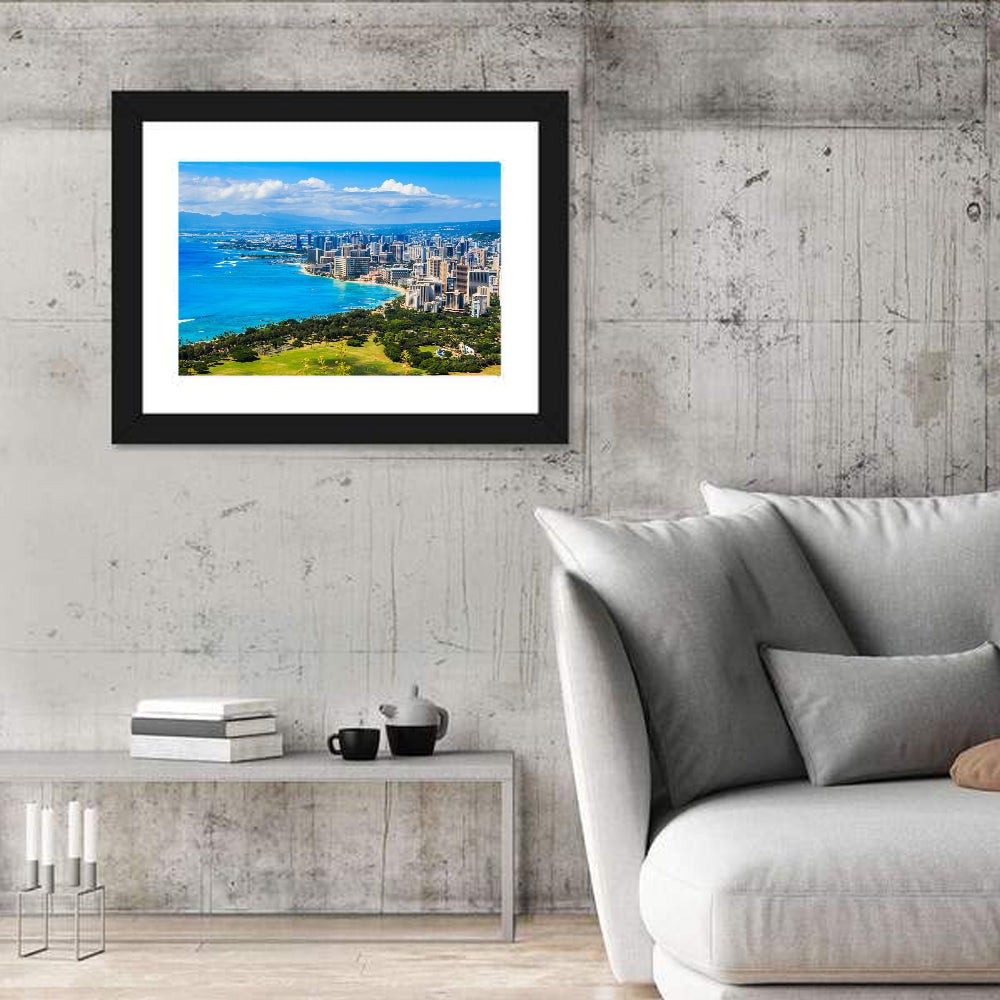 Honolulu Skyline Wall Art in a room, landscape