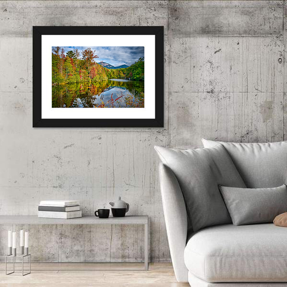 Lake Jocassee Autumn Reflection Wall Art in a room, landscape