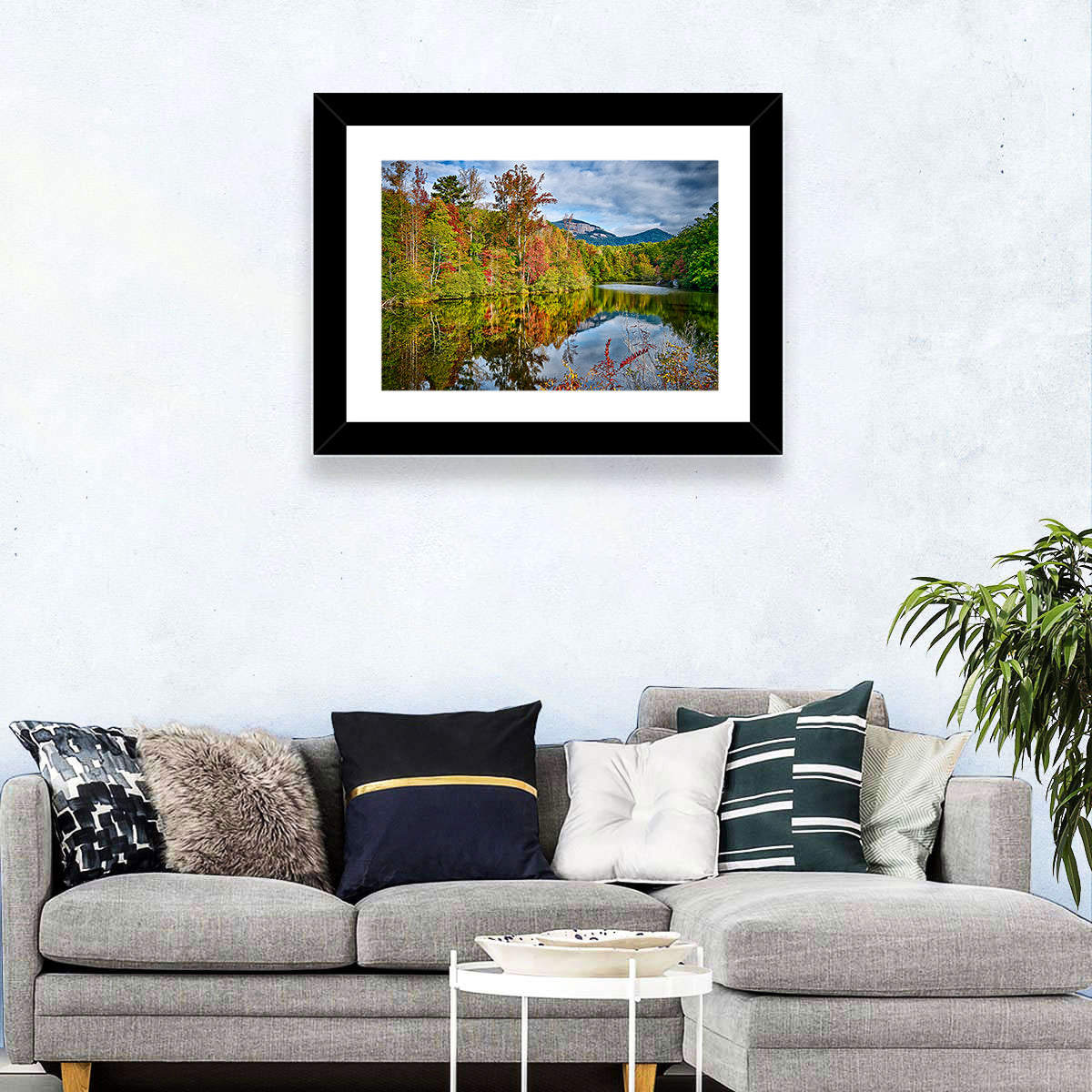 Lake Jocassee Autumn Reflection Wall Art in a room, landscape