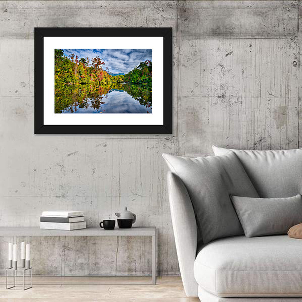 Lake Jocassee Autumn Reflection Wall Art in a room, landscape