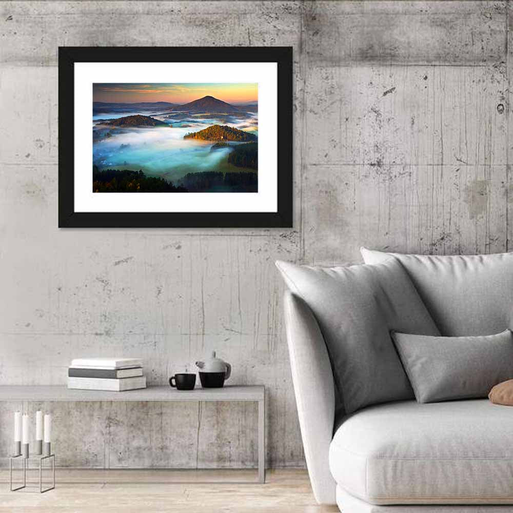 Golden Hour Foggy Hills Wall Art in a room, landscape