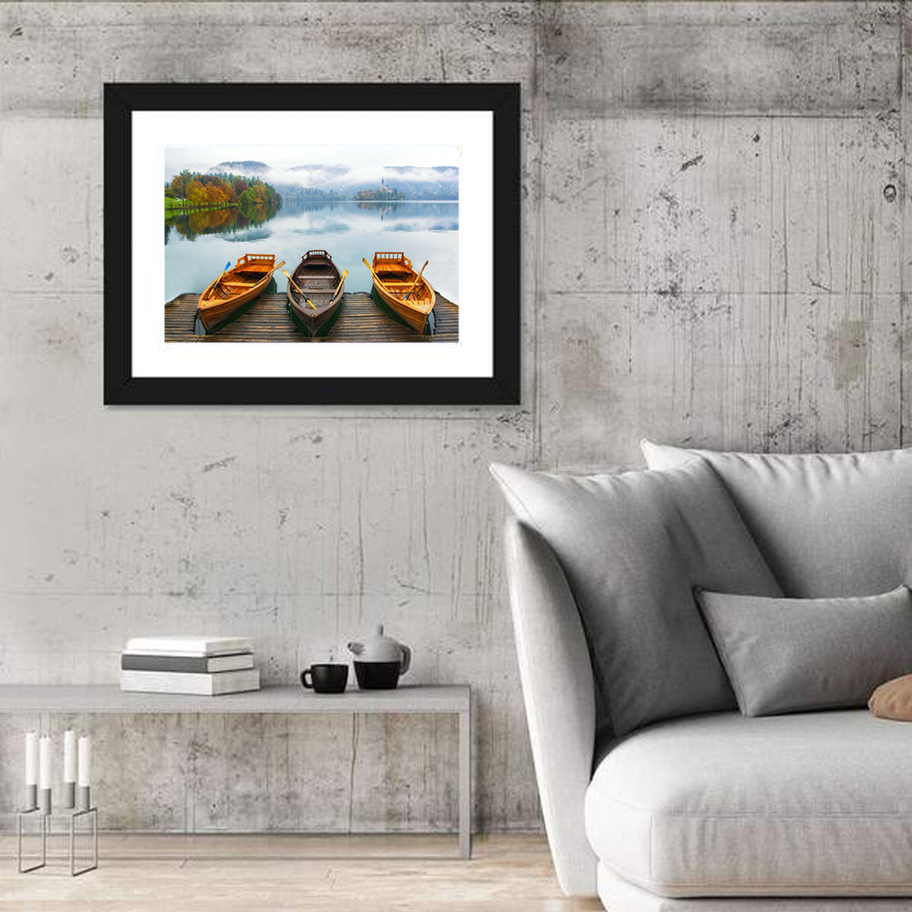 Moored Boats on Misty Lake Bled Wall Art in a room, landscape