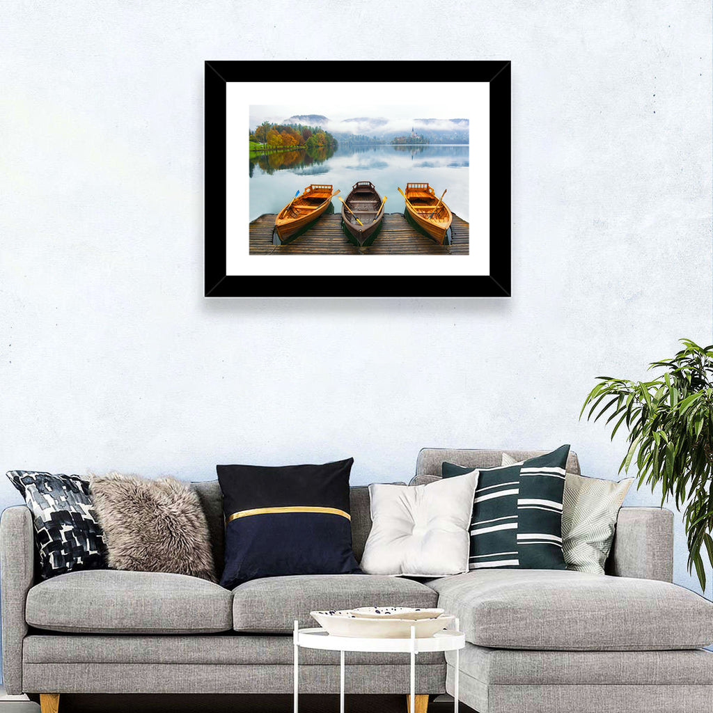 Moored Boats on Misty Lake Bled Wall Art