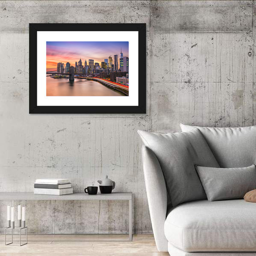 Brooklyn Bridge Light Trails Over Lower Manhattan Wall Art in a room, landscape