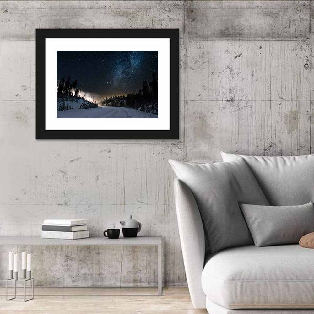 Snowy Road Under Milky Way Wall Art in a room, landscape