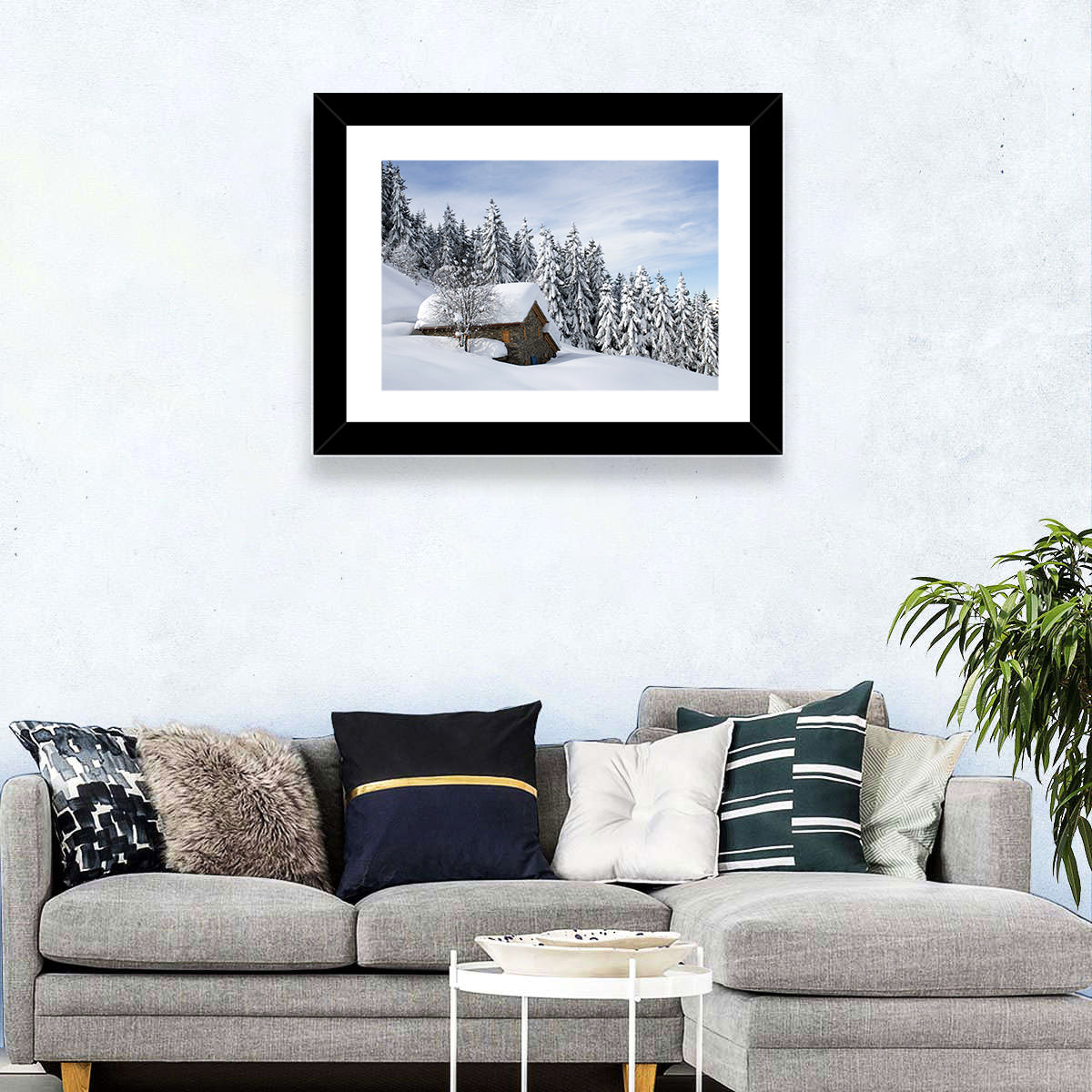 Snow Covered Alpine Cabin Wall Art in a room, landscape