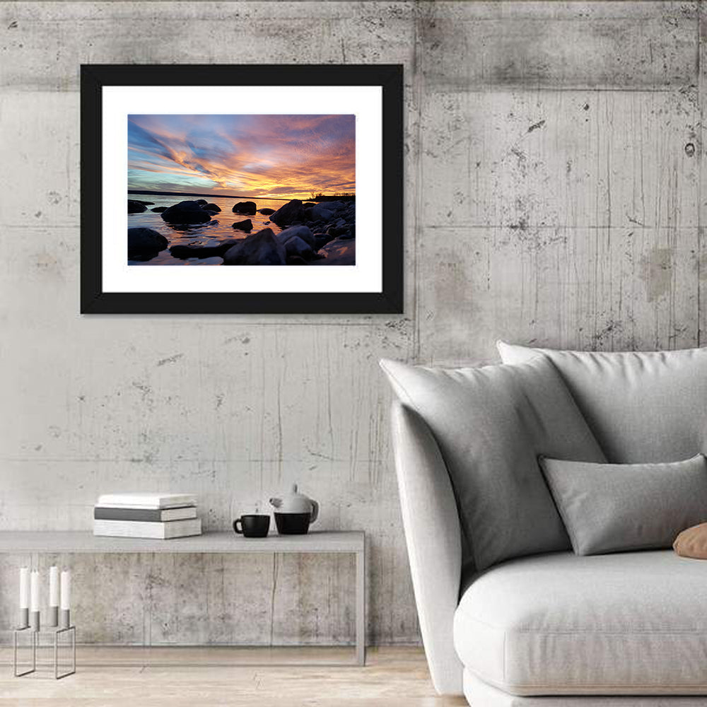 Lake Sakakawea Sunset Wall Art in a room, landscape