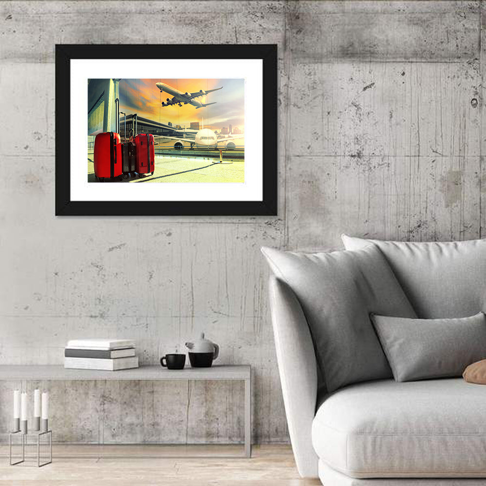 Suitcases at the Airport Window Wall Art in a room, landscape