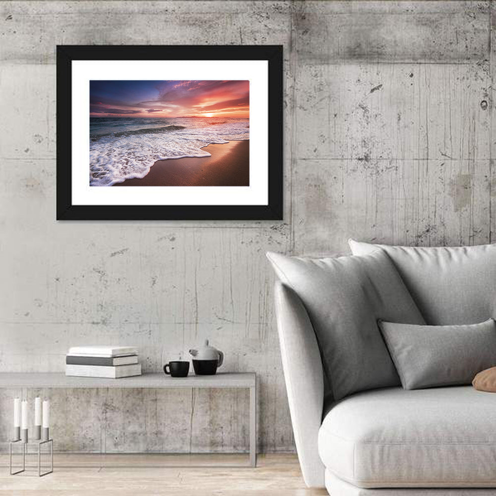 Thai Sunset Over Foamy Shore Wall Art in a room, landscape
