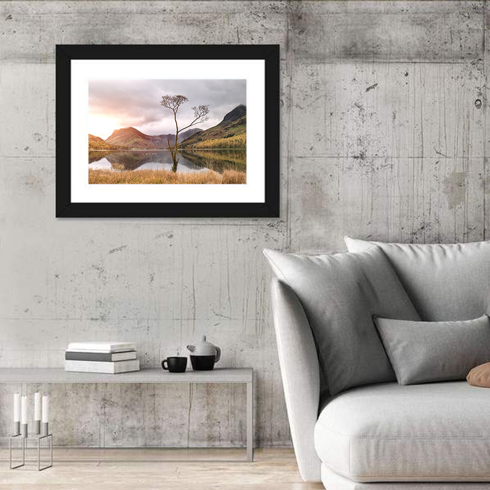 Buttermere Lone Tree at Dusk Wall Art in a room, landscape