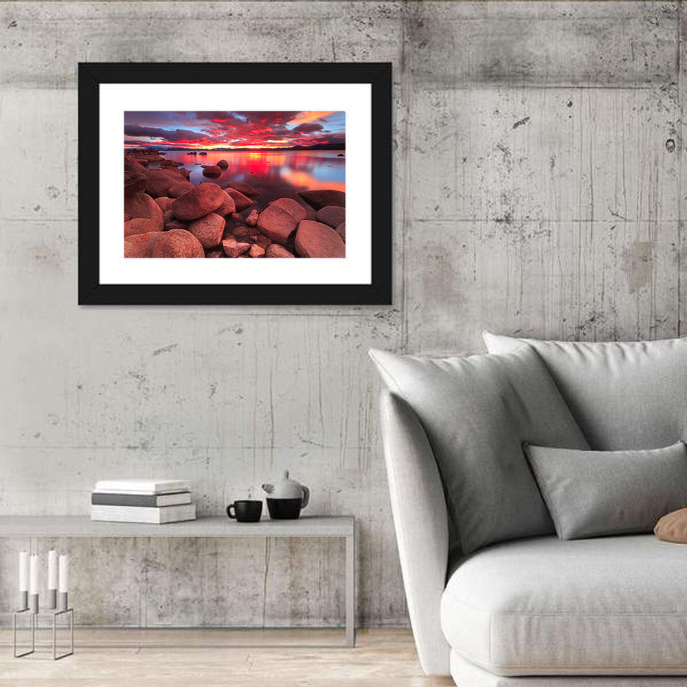 Lake Tahoe Sunset Reflection Wall Art in a room, landscape