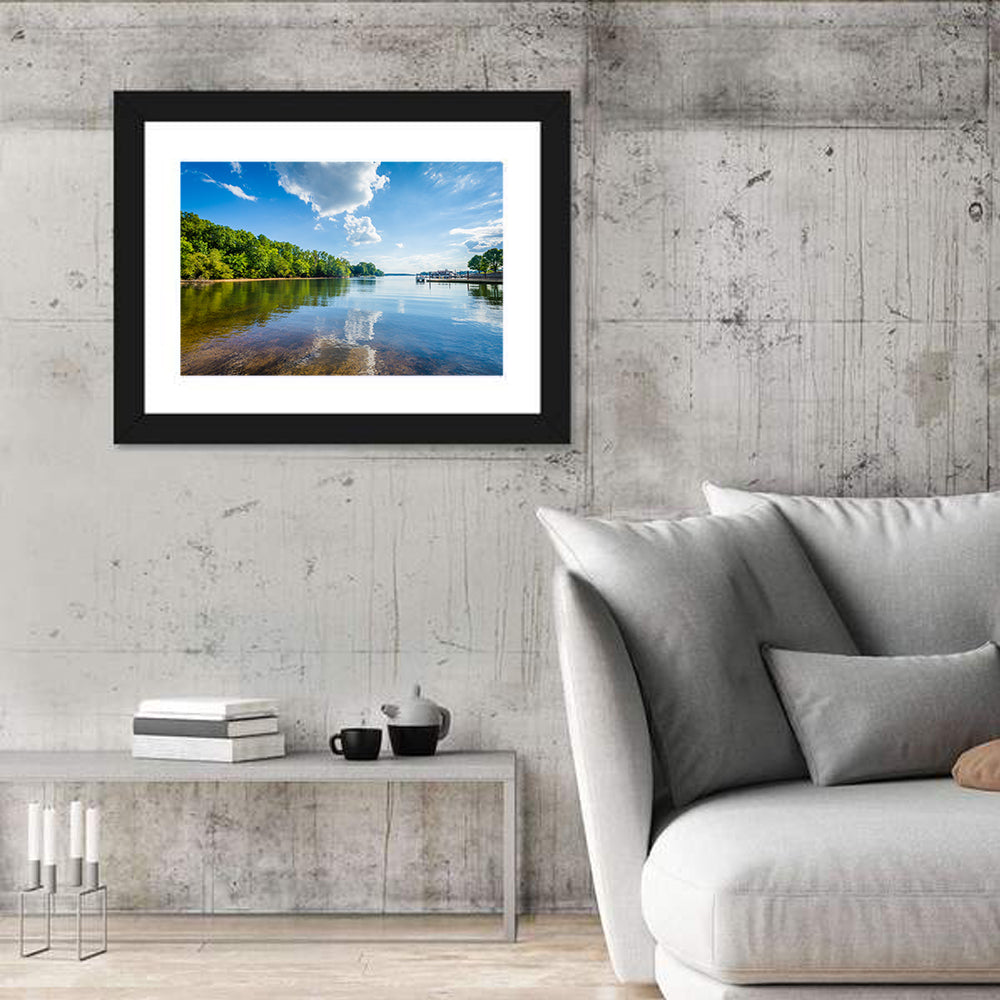 Lake Norman Dockside Reflection Wall Art in a room, landscape