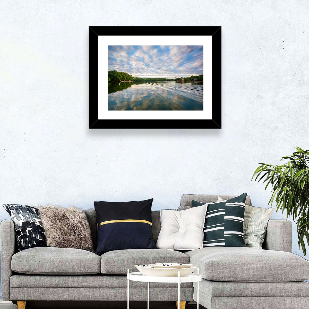 Cloudy Lake Norman Landscape Wall Art in a room, landscape