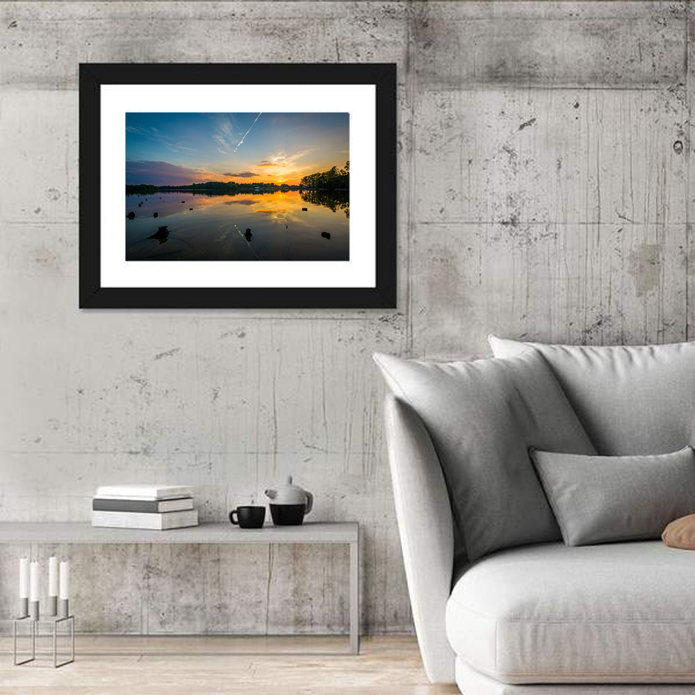 Lake Norman Sunset Reflection Wall Art in a room, landscape