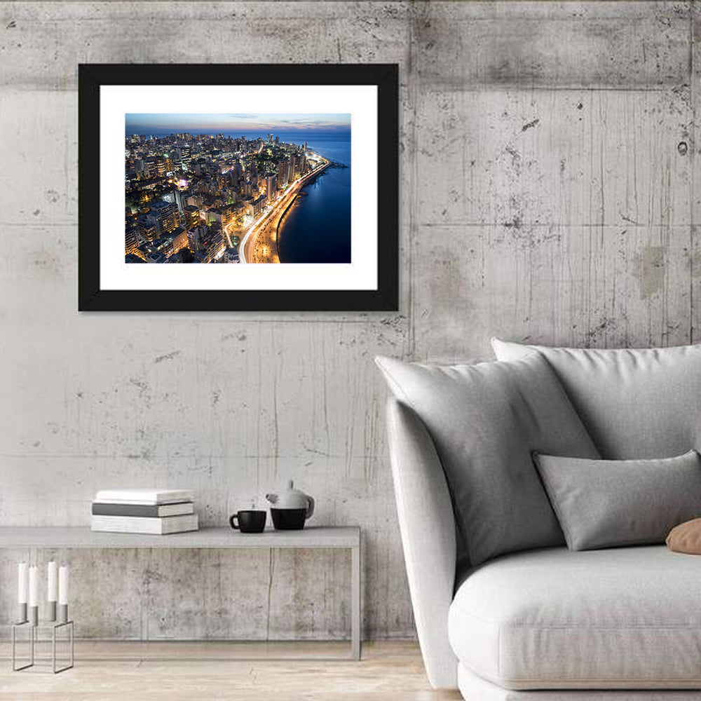 Beirut Corniche at Dusk Wall Art in a room, landscape