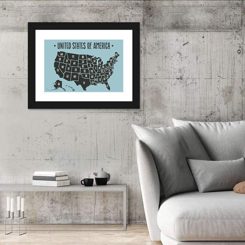 Minimalist USA Map with State Abbreviations Wall Art