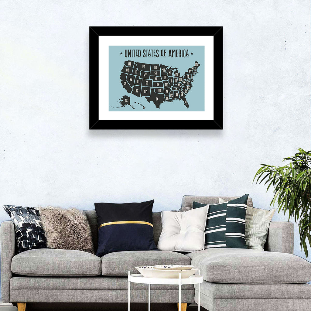Minimalist USA Map with State Abbreviations Wall Art