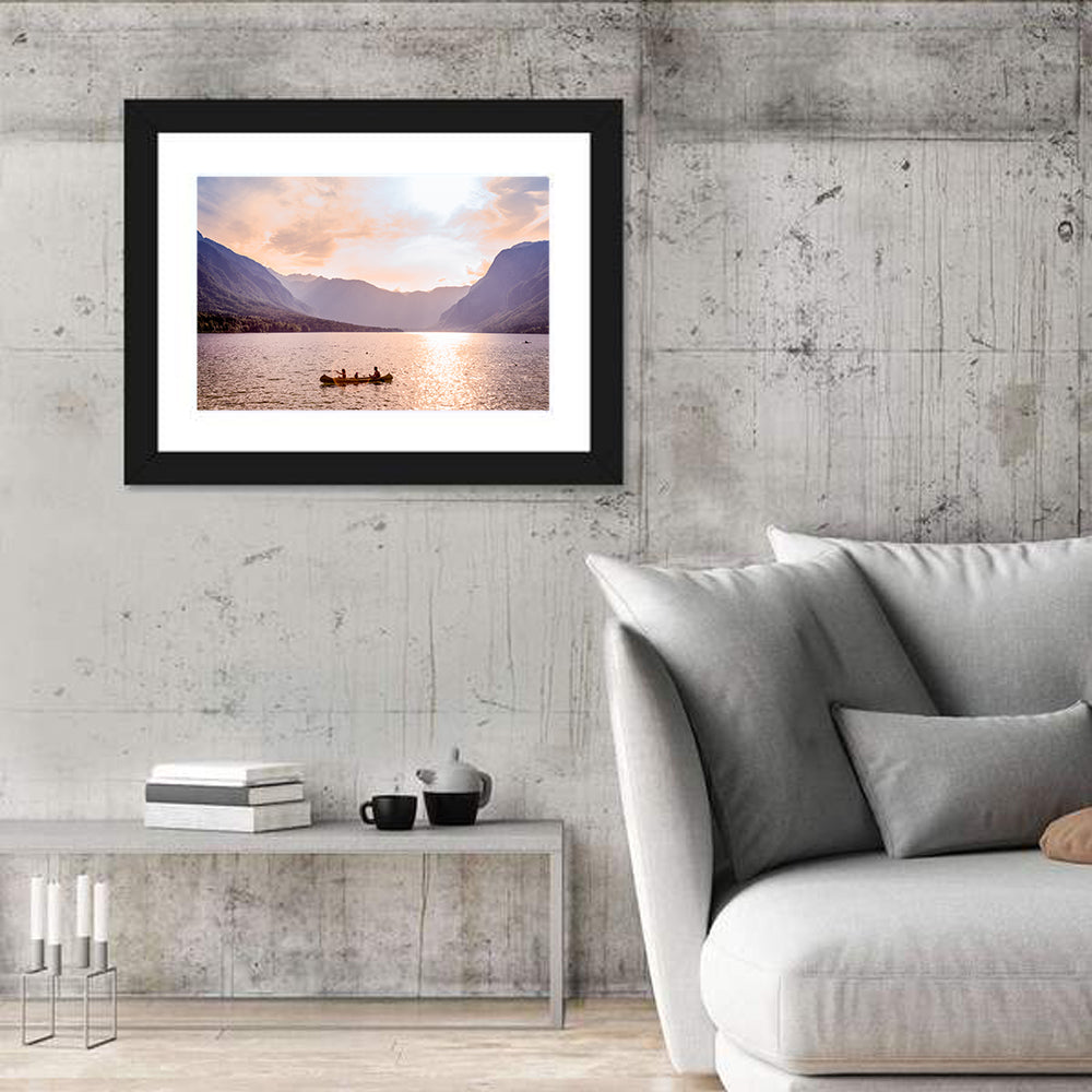 Lake Bohinj Canoe at Sunset Wall Art in a room, landscape