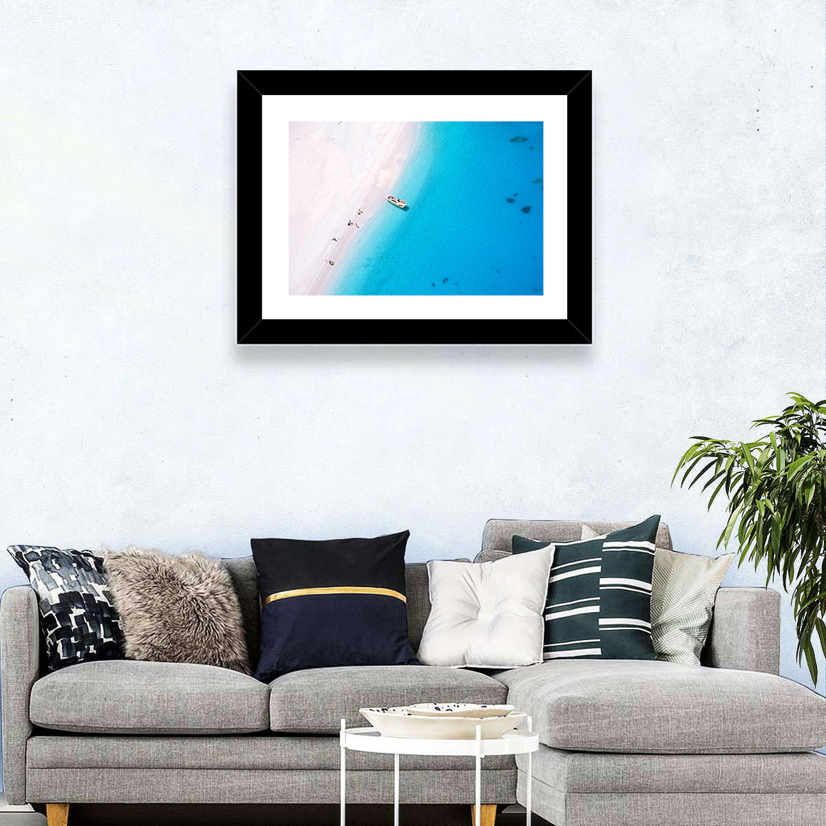 Aerial Beach Bay with White Boat Wall Art in a room, landscape