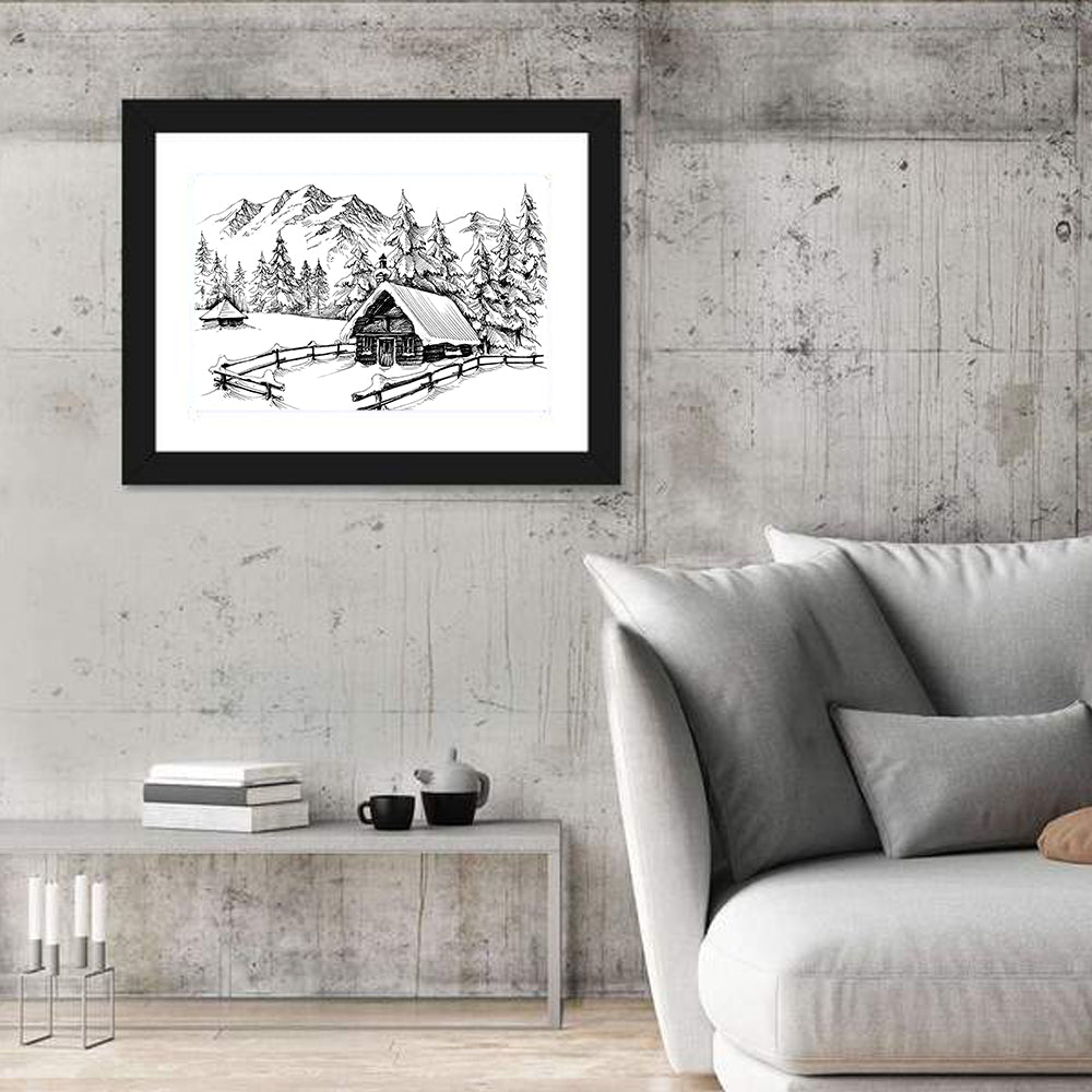 Snow-covered Mountain Cabin Wall Art in a room, landscape