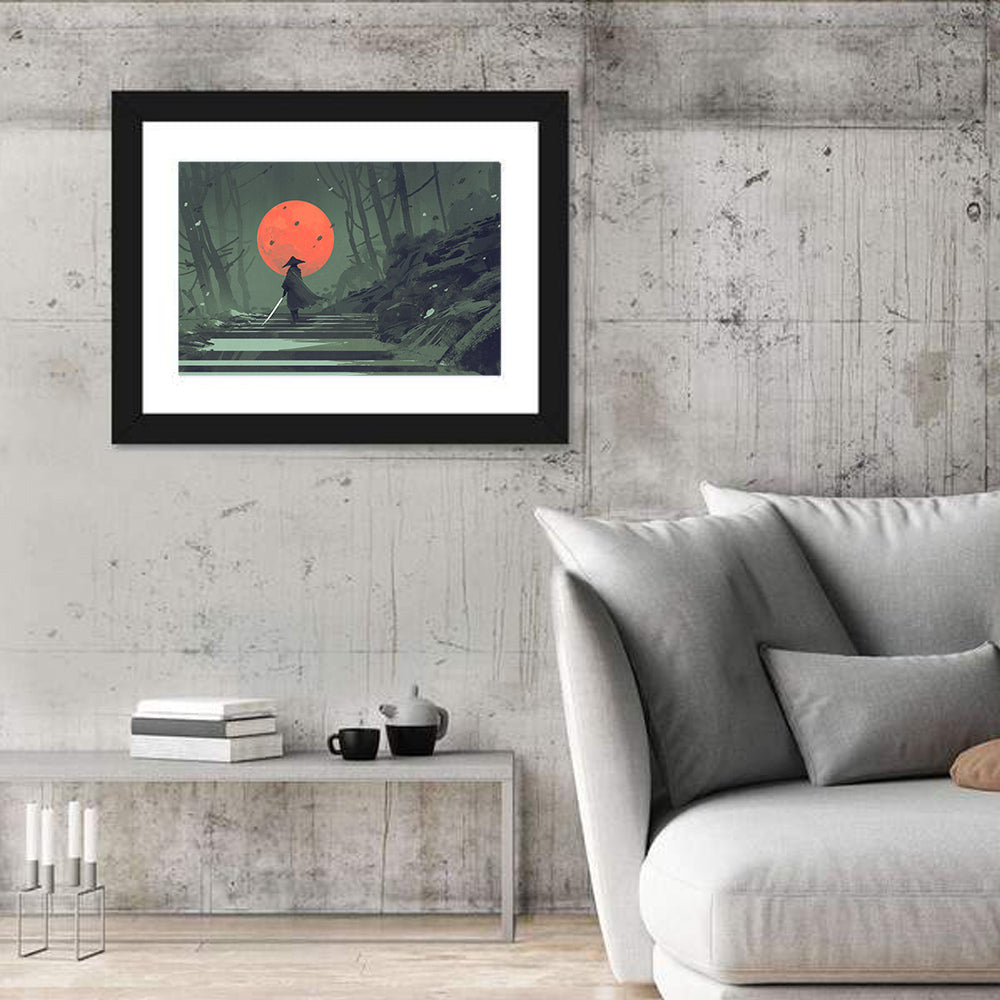 Samurai Under Red Moon Wall Art in a room, landscape