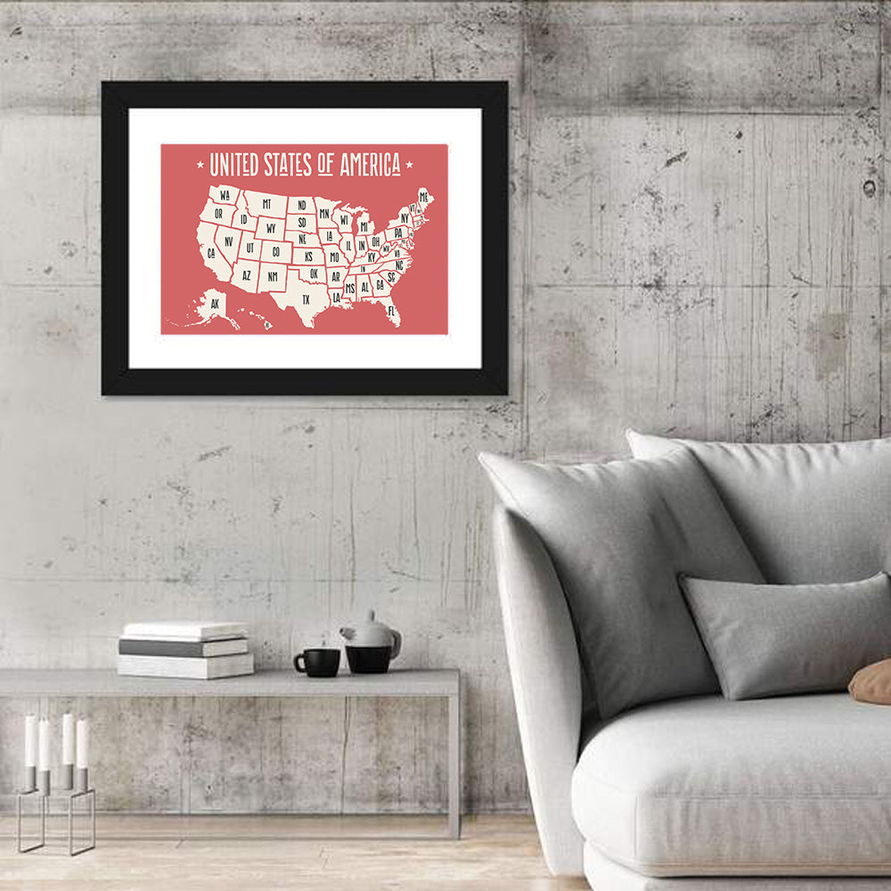 United States Map with State Abbreviations Wall Art in a room, landscape