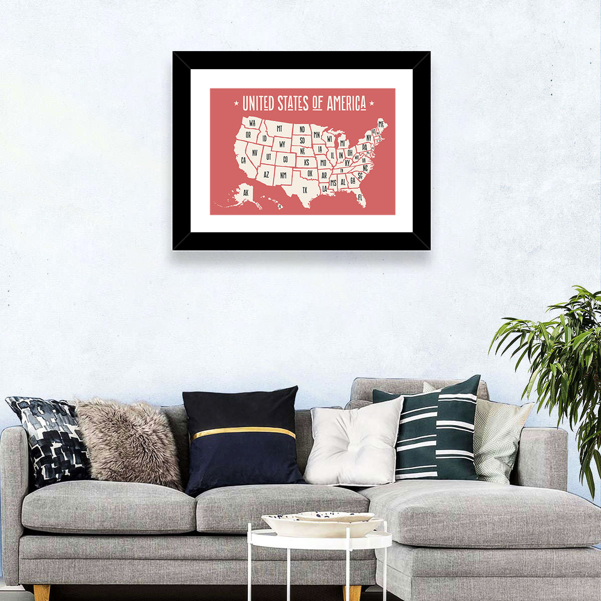 United States Map with State Abbreviations Wall Art in a room, landscape