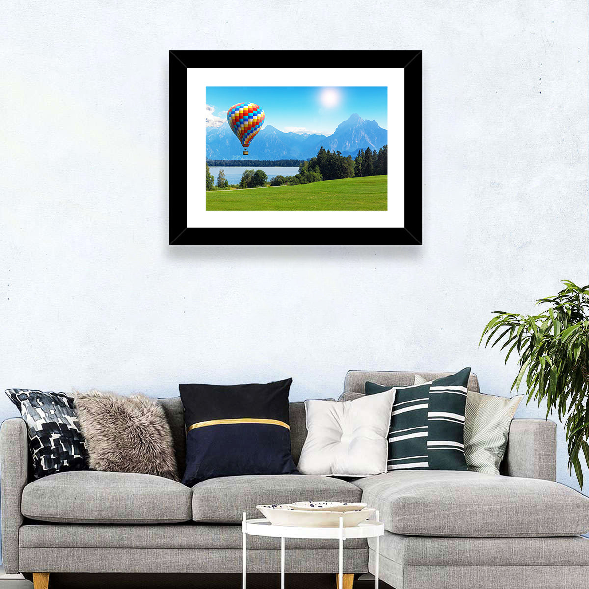 Bavarian Lake with Hot Air Balloon Wall Art in a room, landscape
