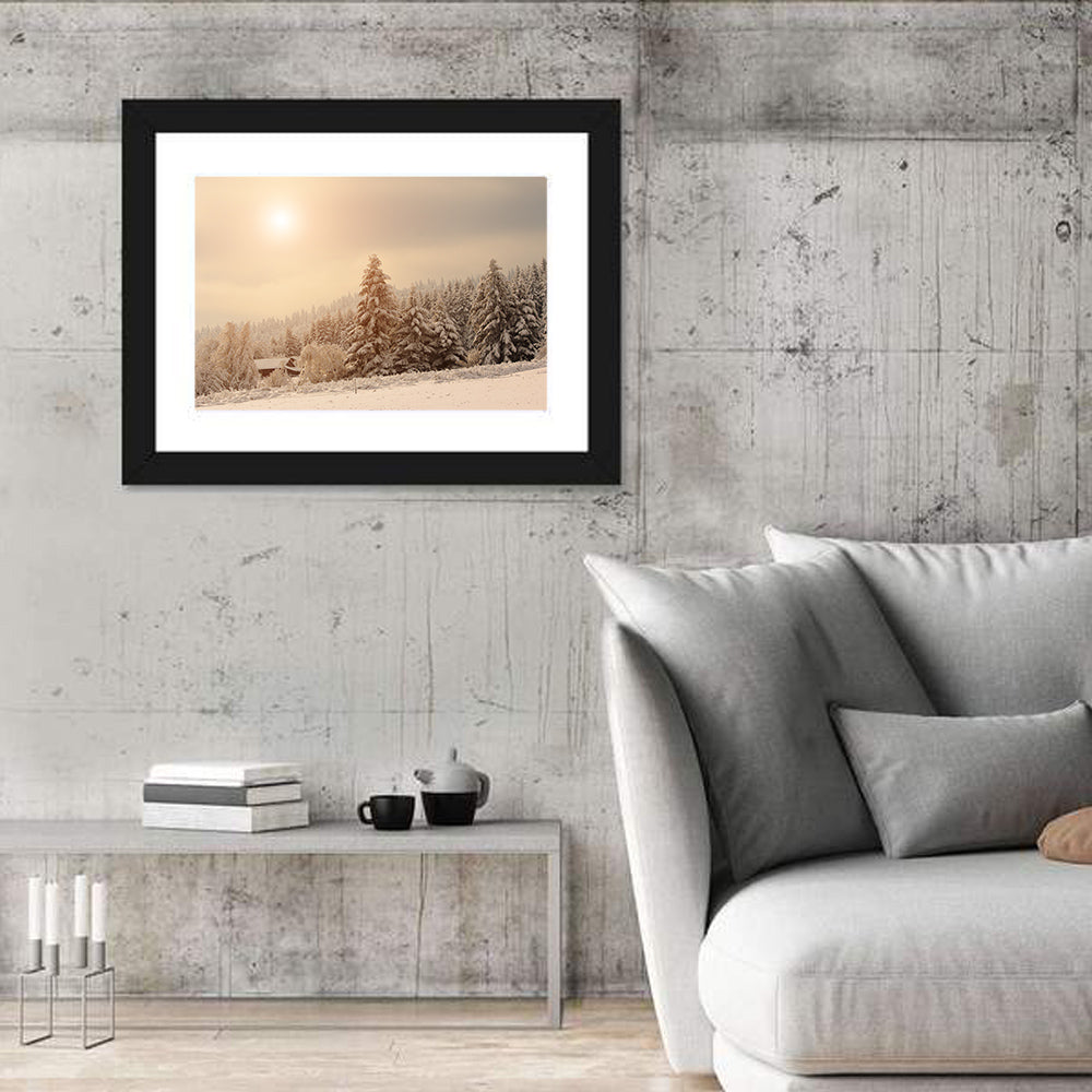 Snowy Pine Forest at Golden Hour Wall Art in a room, landscape