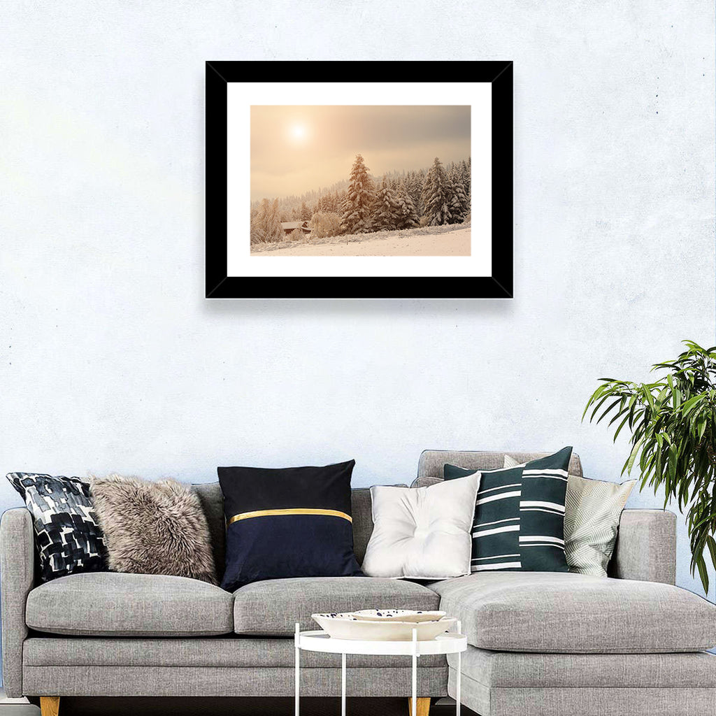 Snowy Pine Forest at Golden Hour Wall Art