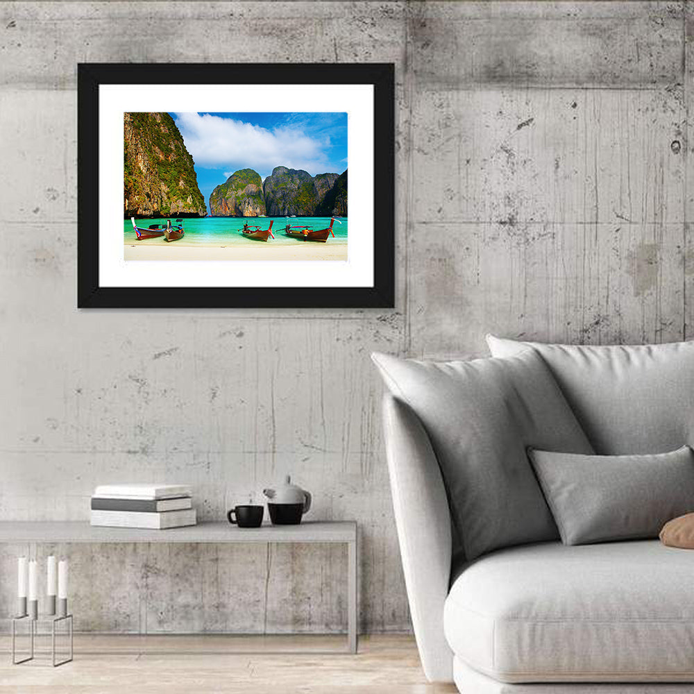 Maya Bay Long-tail Boats Wall Art in a room, landscape