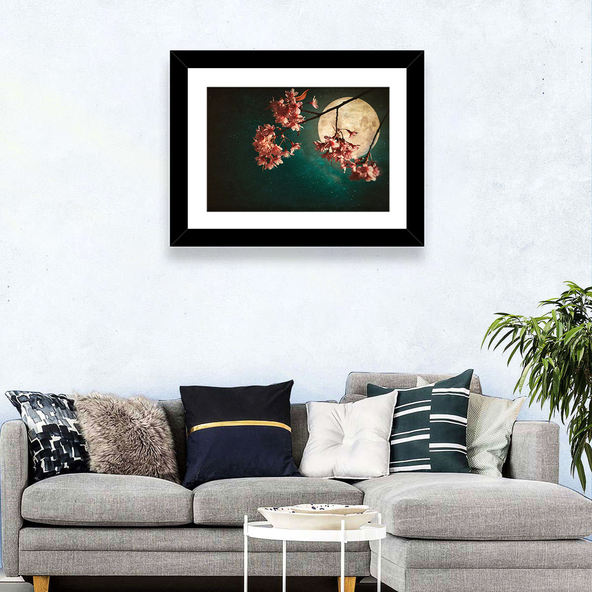 Moonlit Sakura Blossoms Wall Art in a room, landscape