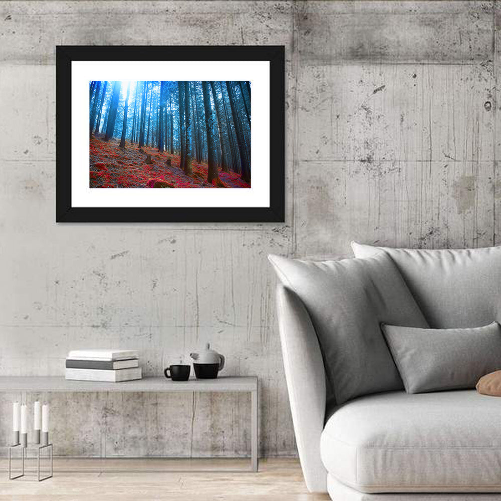 Enchanted Red Moss Forest Wall Art in a room, landscape