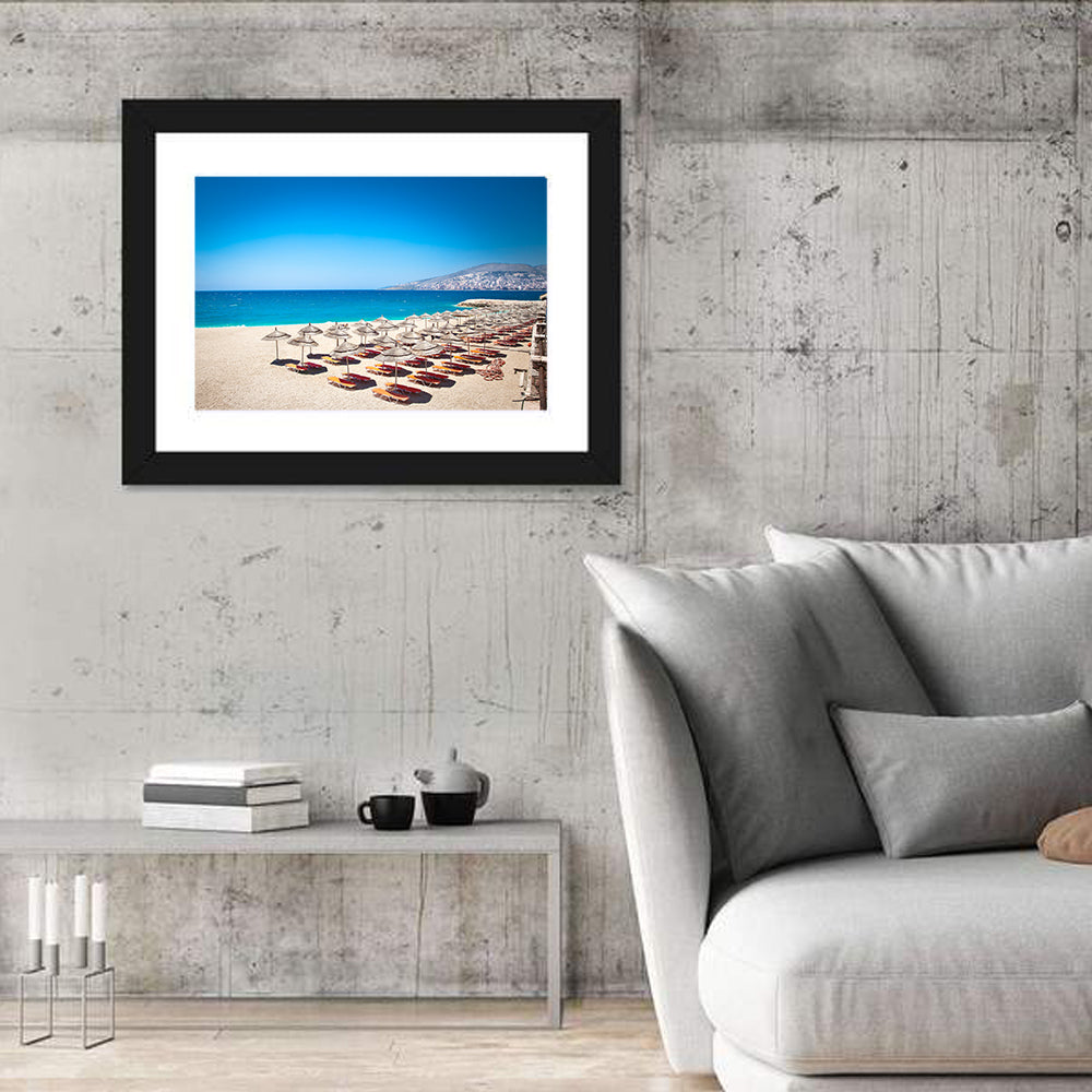 Mango Beach Umbrellas Wall Art in a room, landscape