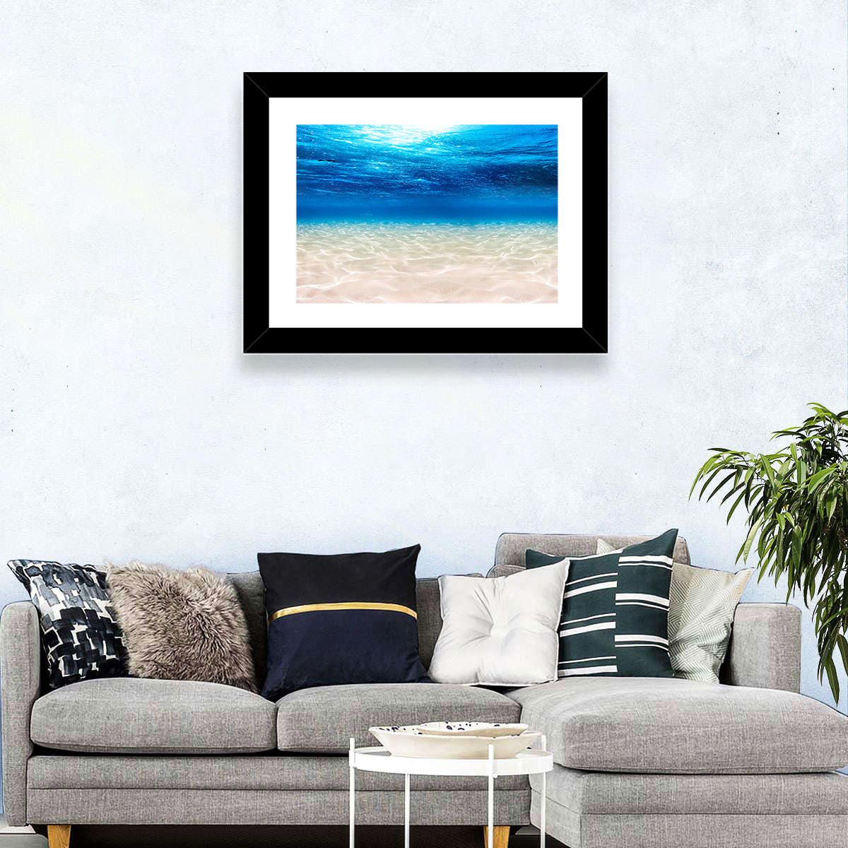 Sunlit Sandy Seabed Wall Art in a room, landscape