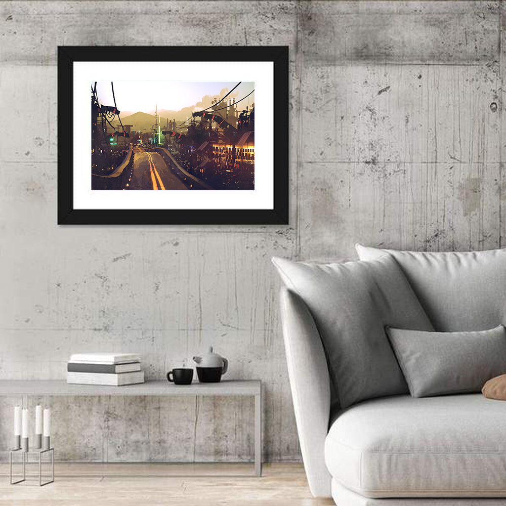 Futuristic Highway at Dusk Wall Art in a room, landscape