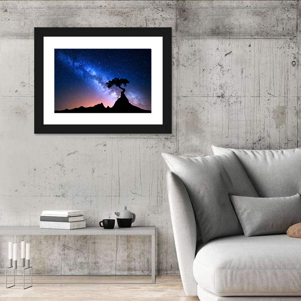 Milky Way Over Mountain Ridge Wall Art in a room, landscape