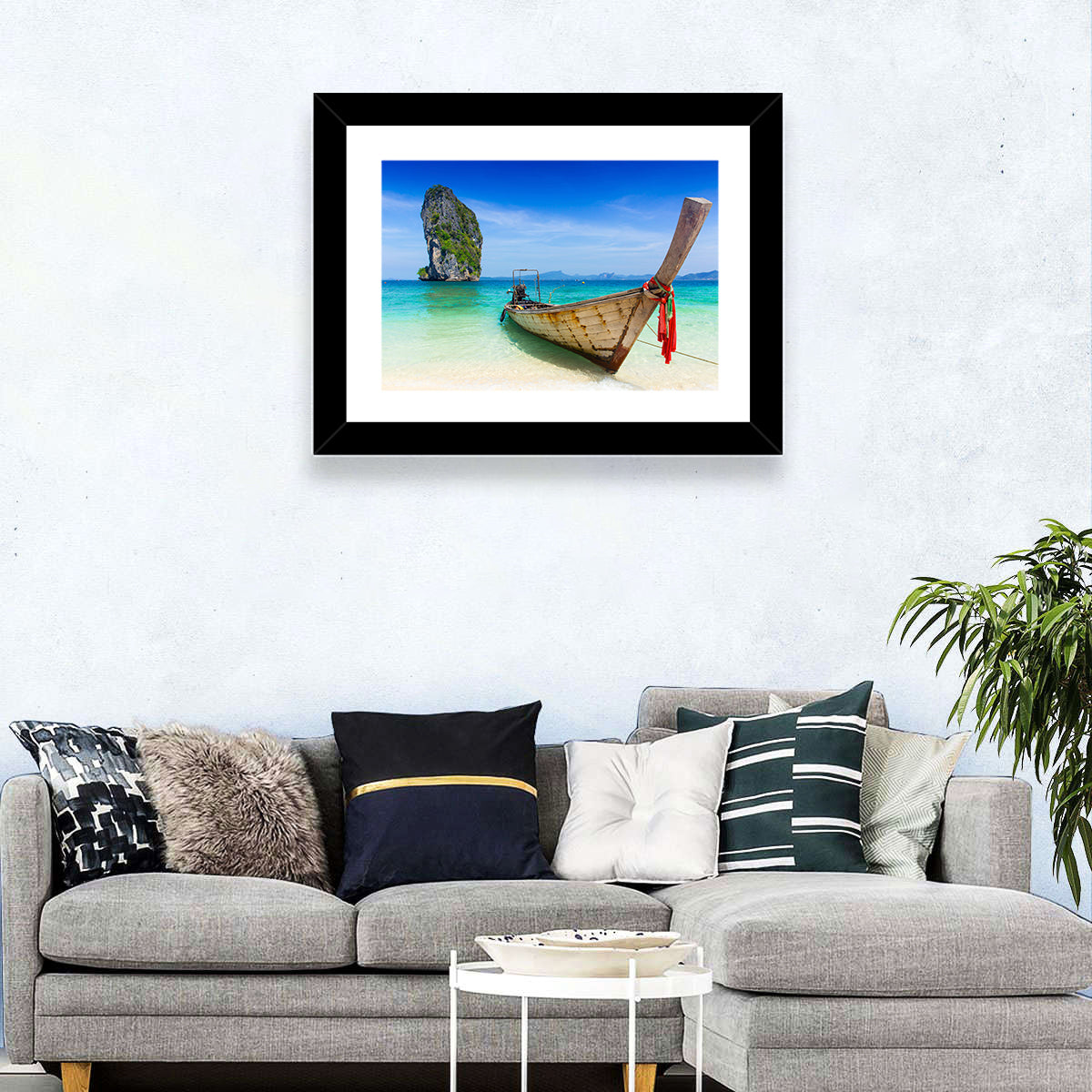 Krabi Longtail Boat Seascape Wall Art in a room, landscape