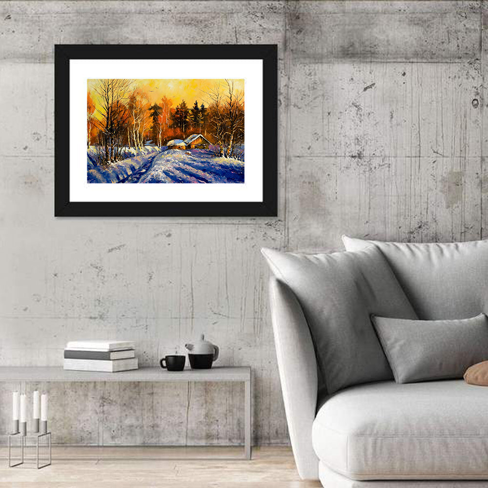 Winter Cottage Sunset Wall Art in a room, landscape