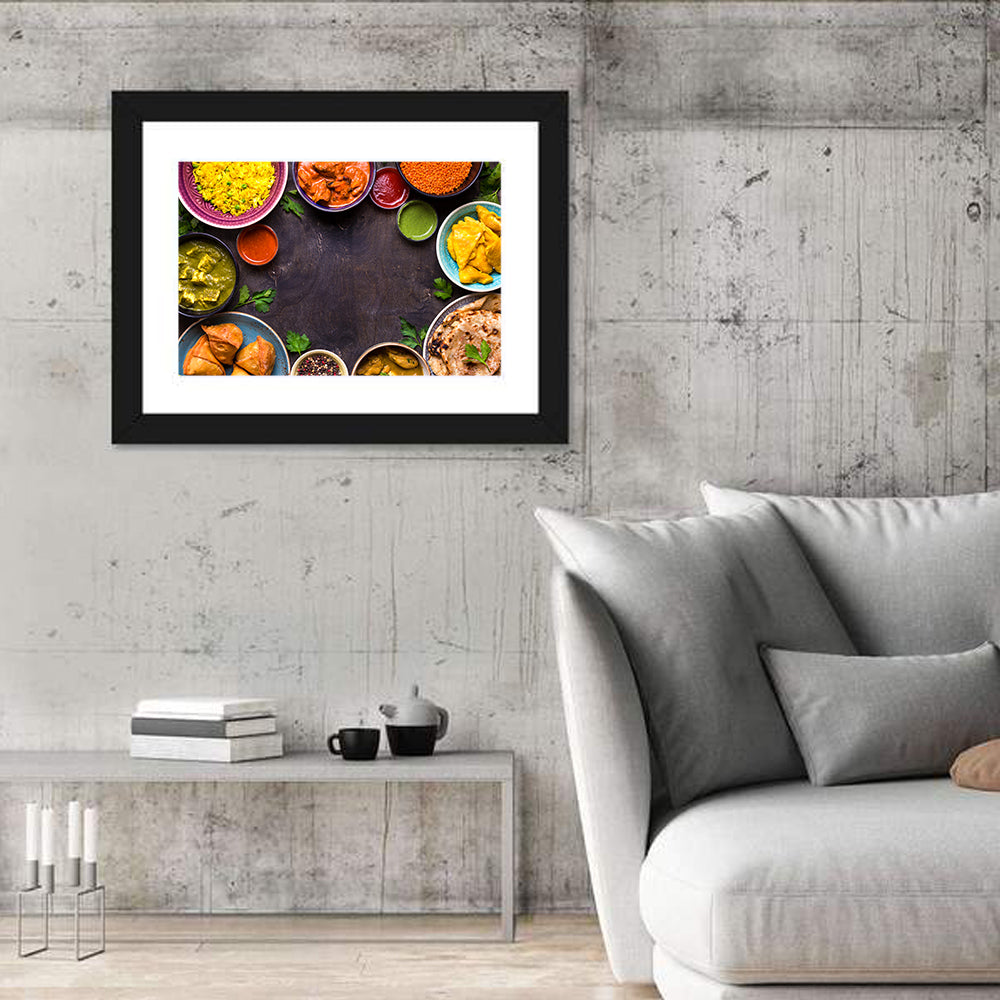 Indian Feast Flat-lay Wall Art in a room, landscape