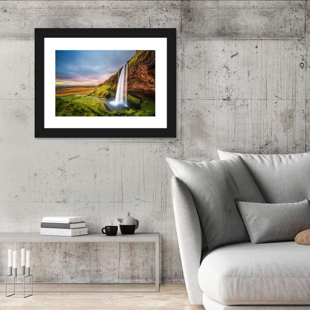 Seljalandsfoss Waterfall Wall Art in a room, landscape