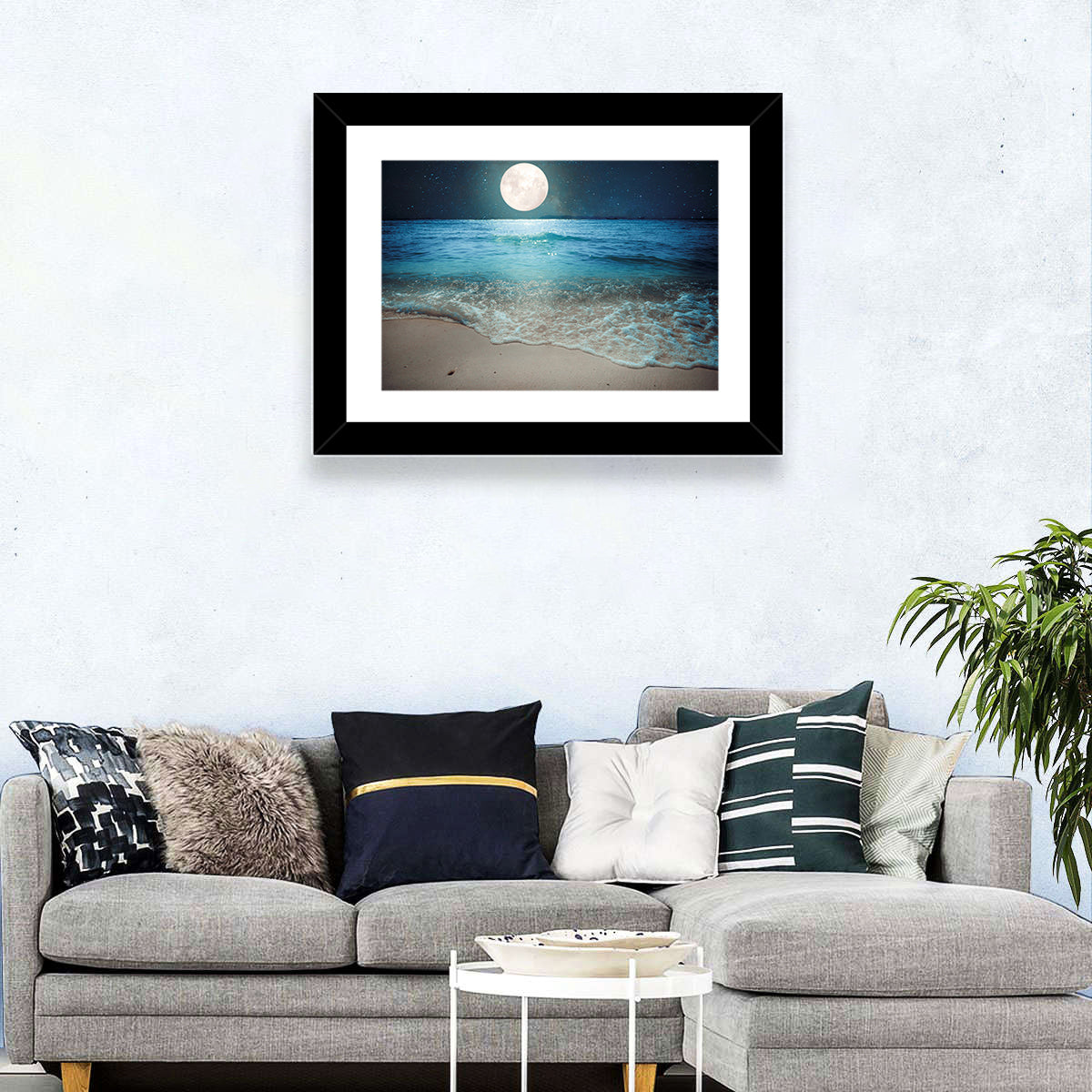 Full Moon Over Beach Wall Art in a room, landscape