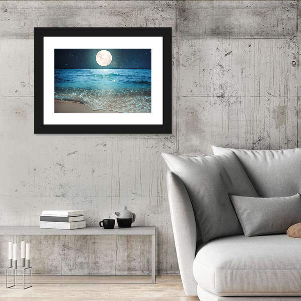 Full Moon Over Beach Wall Art in a room, landscape