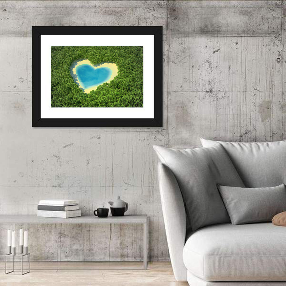 Heart-shaped Pond Aerial View Wall Art in a room, landscape